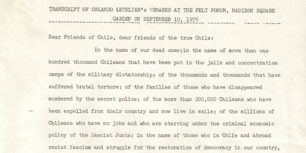 Transcript of Orlando Letelier's remarks at the felt forum, Madison Square Garden on september 10, 1976