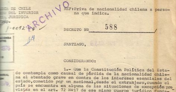 Decreto Supremo que priva de la nacionalidad chilena a Orlando Letelier del Solar, 15 de junio de 1976