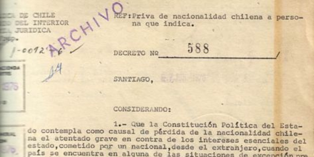 Decreto Supremo que priva de la nacionalidad chilena a Orlando Letelier del Solar, 15 de junio de 1976