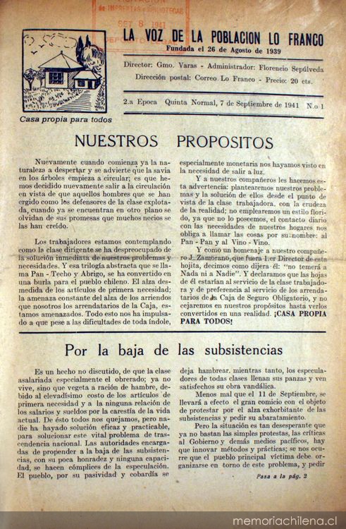 La Voz de la Población Lo Franco : segunda época, n° 1-2, septiembre-octubre de 1941
