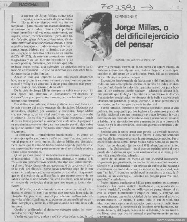Jorge Millas, o del difícil ejercicio del pensar