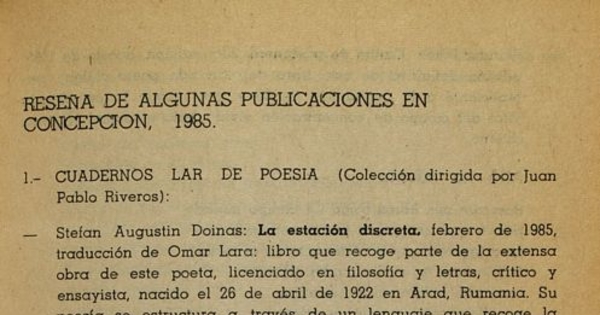 Reseña de algunas publicaciones en Concepción, 1985