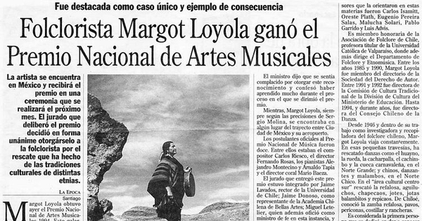 Folclorista Margot Loyola ganó el Premio Nacional de Artes Musicales