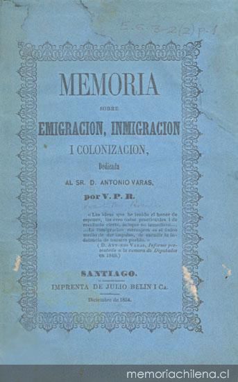 Memoria sobre emigración, inmigración i colonización