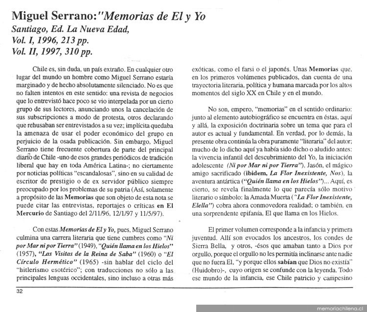 Miguel Serrano : Memorias de él y yo, v. 1-2