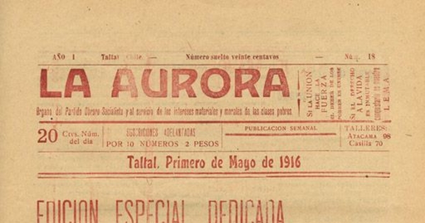 La Aurora : órgano del Partido Obrero Socialista, n° 18, 1 de mayo de 1916