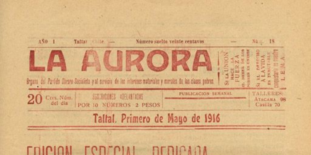 La Aurora : órgano del Partido Obrero Socialista, n° 18, 1 de mayo de 1916