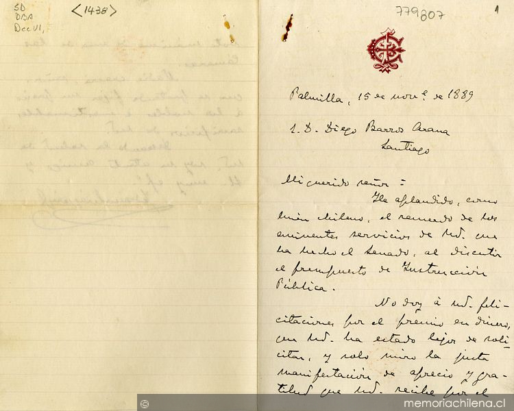 [Carta] 1889 Nov. 15, Palmilla [al] S. D. Diego Barros Arana [manuscrito]