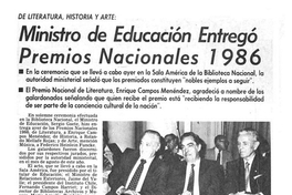 Ministro de Educación entregó Premios Nacionales 1986