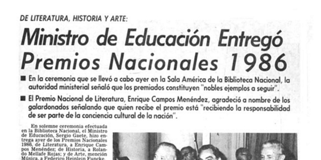 Ministro de Educación entregó Premios Nacionales 1986