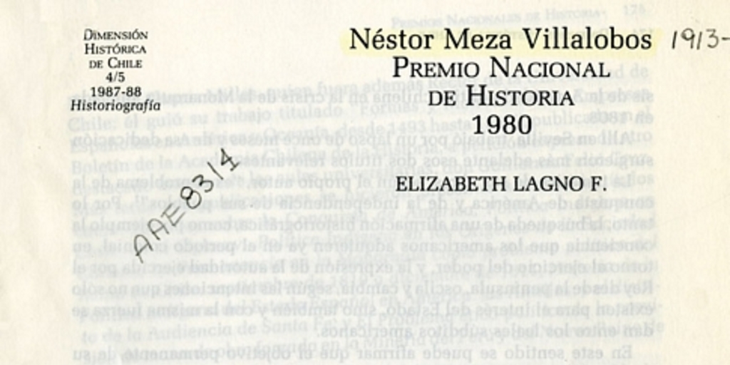 Néstor Meza Villalobos, Premio Nacional de Historia 1980