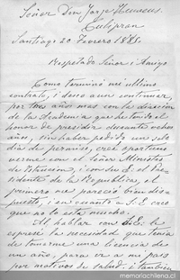 [Carta] 1885 Feb. 20, Santiago [al] Señor Don Jorje Huneeus [manuscrito]