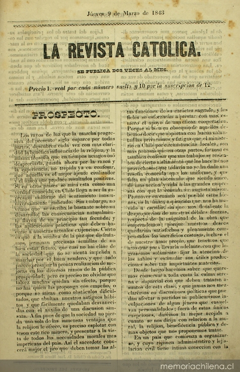 La Revista Católica: n° 1, 9 de marzo de 1843