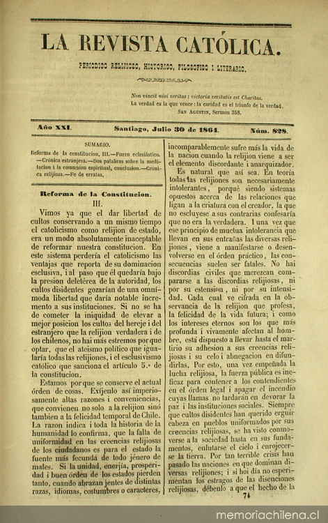 La Revista Católica : n° 1828, 30 de julio de 1864