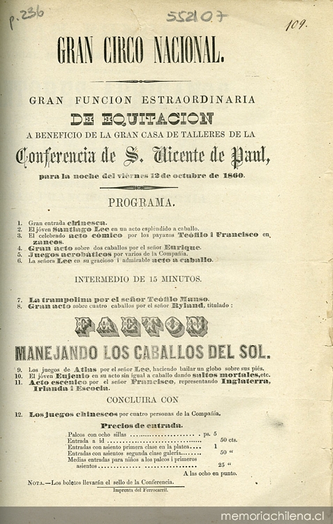 Gran Circo Nacional: gran función estraordinaria de equitación a beneficio de la gran casa de talleres de la Cnferencia de S. Vicente de Paul, para la noche del viernes 12 de octubre de 1860