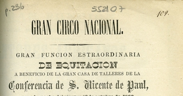 Gran Circo Nacional: gran función estraordinaria de equitación a beneficio de la gran casa de talleres de la Cnferencia de S. Vicente de Paul, para la noche del viernes 12 de octubre de 1860