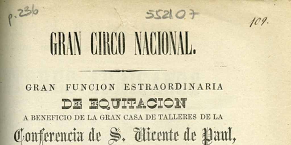 Gran Circo Nacional: gran función estraordinaria de equitación a beneficio de la gran casa de talleres de la Cnferencia de S. Vicente de Paul, para la noche del viernes 12 de octubre de 1860