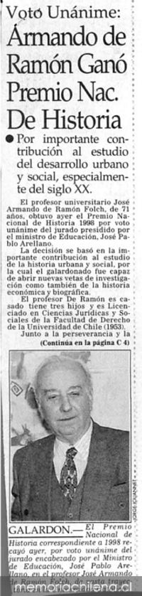 Armando de Ramón ganó Premio Nac[ional] de Historia