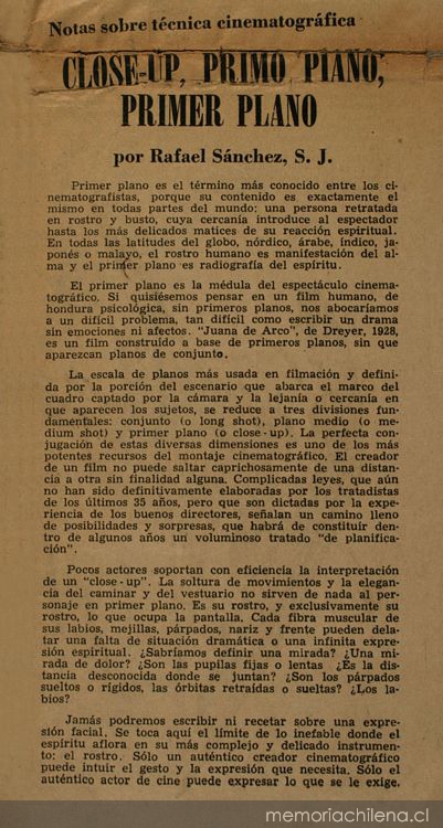Notas sobre técnicas cinematográficas: Close-up, primo piano, primer plano