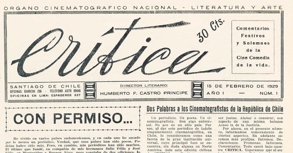 Crítica : órgano cinematográfico nacional - literatura y arte : año 1, n° 1, 15 de febrero de 1929