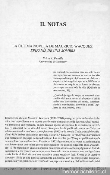 La última novela de Mauricio Wacquez, Epifanía de una sombra