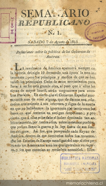 Semanario republicano: números 1-12, 7 de agosto a 23 de octubre de 1813