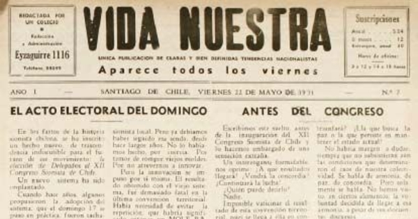 Vida Nuestra : año I, n° 7 del 22 de mayo de 1931