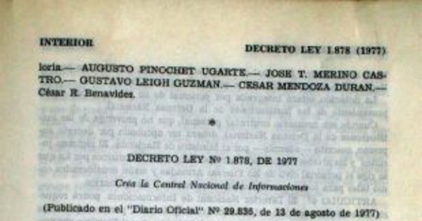 Decreto Ley N° 1.878 de 1977, Diario Oficial N° 29.836, 13 de agosto de 1977, que crea la Central Nacional de Informaciones