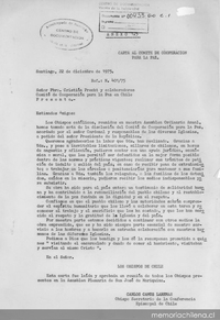 Carta al Comité de Cooperación para la Paz, Santiago, 22 de diciembre de 1975