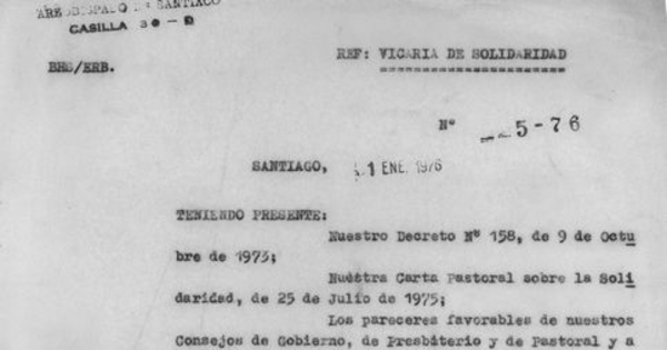 Decreto N° 158: Vicaría Episcopal de Solidaridad, Santiago, 1 de enero de 1975