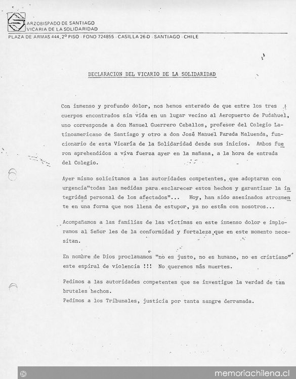 Declaración del Vicario de la Solidaridad, Santiago, 30 de marzo de 1985