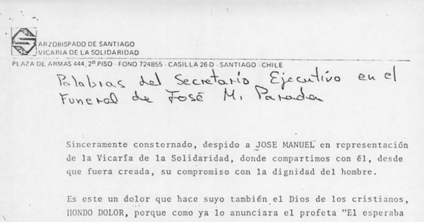 Palabras en el funeral de José Manuel Parada, 1 de abril de 1985