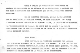 Trabajadores de la Vicaría de la Solidaridad; palabras en el funeral de José Manuel Parada, 1 de abril de 1985
