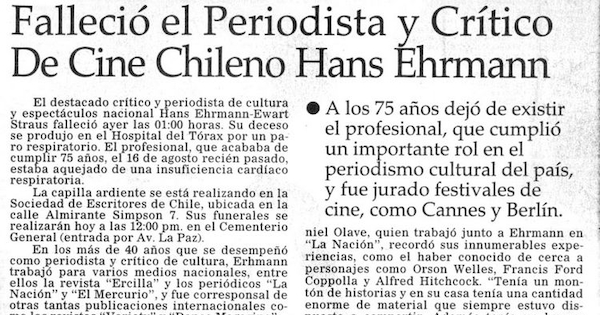 Falleció el periodista y crítico de cine chileno Hans Ehrmann
