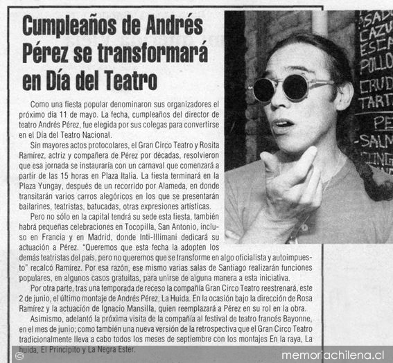 Cumpleaños de Andrés Pérez se transformará en Día del Teatro