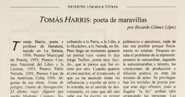 Tomás Harris : poeta de maravillas