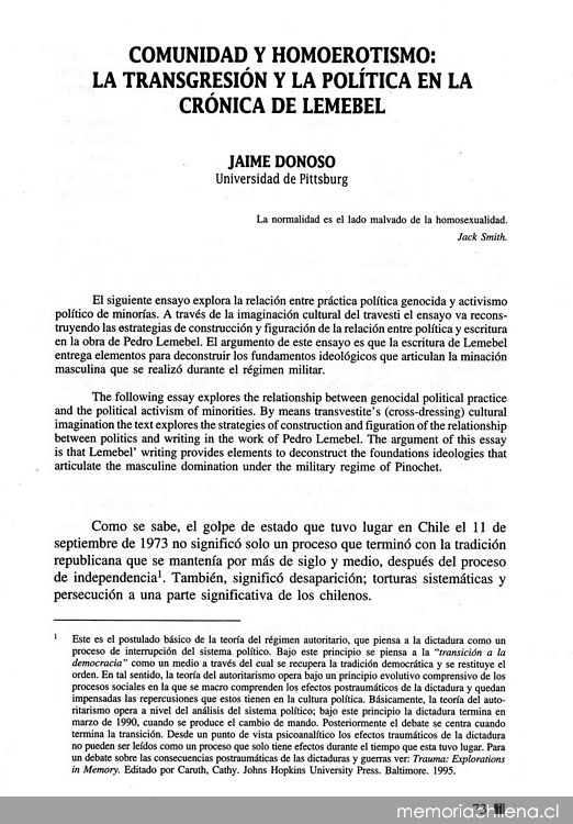 Comunidad y homoerotismo: la transgresión y la política en la crónica de Lemebel