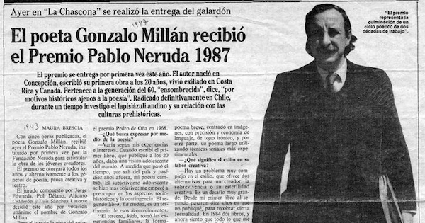 El poeta Gonzalo Millán recibió el premio Pablo Neruda 1987