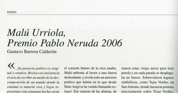 Malú Urriola, Premio Pablo Neruda 2006