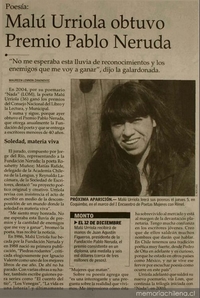Malú Urriola obtuvo Premio Pablo Neruda