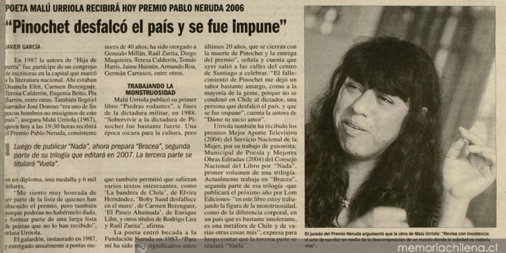"Pinochet desfalcó el país y se fue impune" : poeta Malú Urriola recibirá hoy premio Pablo Neruda 2006