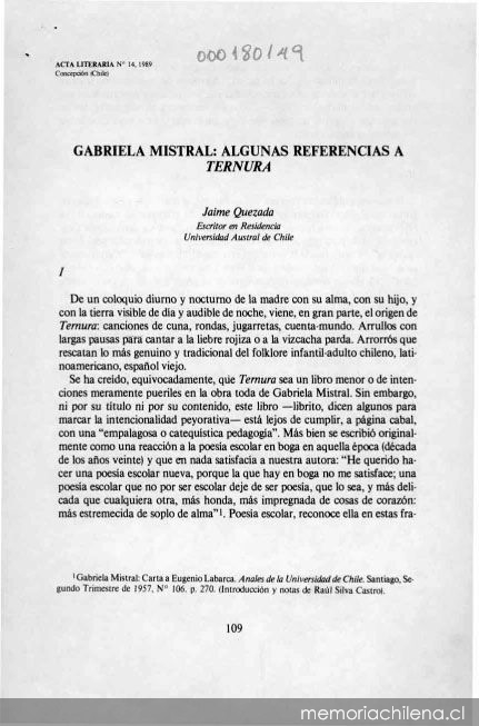 Gabriela Mistral: algunas referencias a Ternura