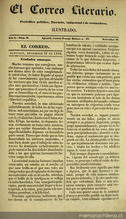 El correo literario: año 1, nº 9, 11 de septiembre de 1858
