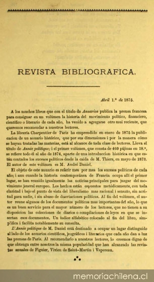 Revista bibliográfica, enero de 1875