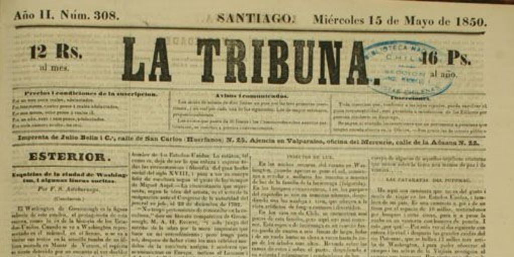 Primera plana del diario La Tribuna, 15 de mayo de 1850