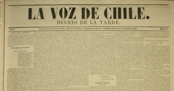 Primera plana del diario La Voz de Chile, 1º de abril de 1862