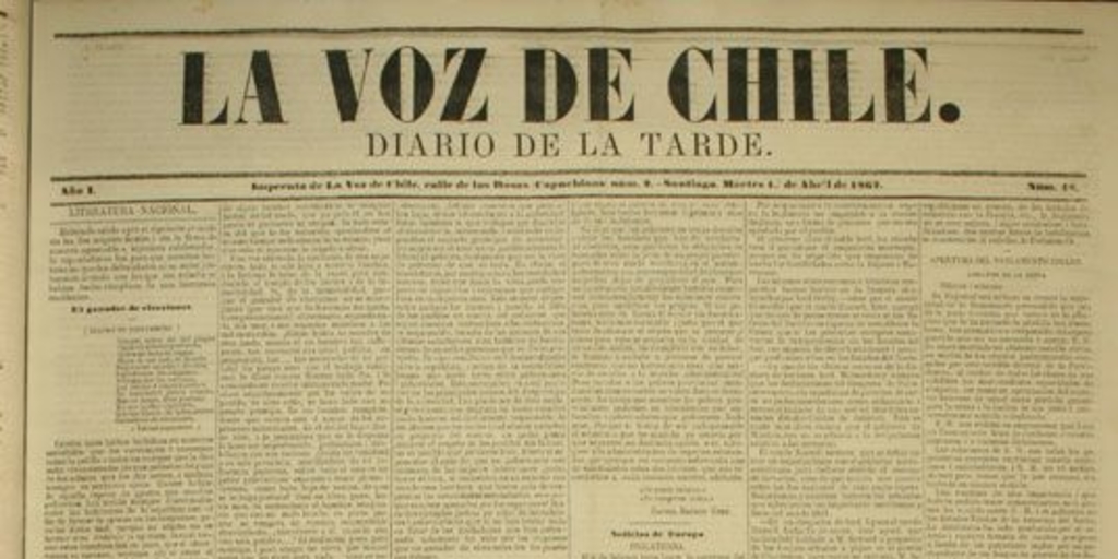 Primera plana del diario La Voz de Chile, 1º de abril de 1862