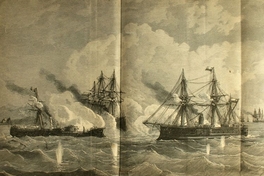 Combate de Angamos: grabado que acompaña a Los héroes del Pacífico o la ex-Generala Buendía, de Ramón Pacheco, en la edición de 1887