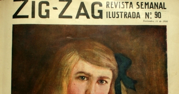 Cuadro de niña rubia con rosetón azul, portada de revista Zig-Zag