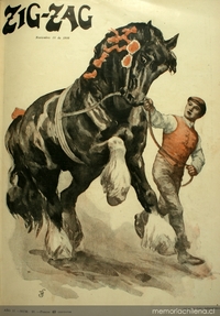 Dibujo: jinete caminando junto a su caballo, portada Zig-Zag